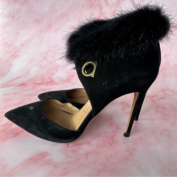 SALVATORE FERRAGAMO Francesca Mink Trim Suede Leather Pumps Black Sz 5.5 - Picture 9 of 16
